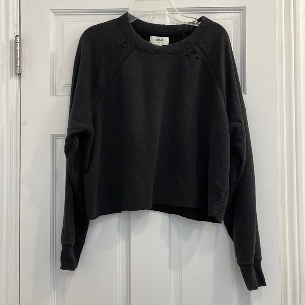 Aerie Black Sunday Soft Distressed Crew Sweatshirt